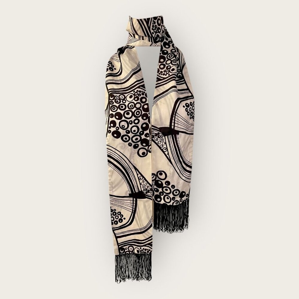 Silk Blend Beige & Black Abstract Pattern Scarf With Fringe